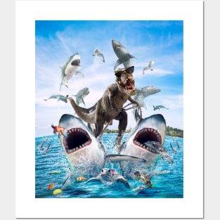 Dinosaur Riding Sharks Posters and Art